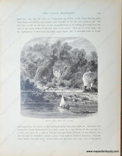Load image into Gallery viewer, black and white page with text at top and bottom and an image in the middle, which shows a scene on the Mississippi river with a sailboat in the foreground, and a train engine in the middleground, and trees in the background