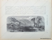 Load image into Gallery viewer, Antique page turned sideways so that the illustration is right side up but the text (which appears above the image in this orientation) is sideways. Shows a scene on the Mississippi River with Kayaks near Trempealeau wisconsin