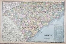 Load image into Gallery viewer, Map of North and South Carolina colored by county in colors of antique light pink, green, yellow, blue.