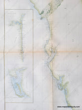 Load image into Gallery viewer, Close-up of part of the coast survey chart of Florida, 1860, showing the west coast and two inset maps. Light green color along the coast and light blue in the water along the coast.