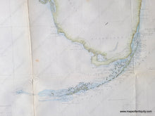 Load image into Gallery viewer, Close-up of part of the coast survey chart of Florida, 1860, showing the south coast and Florida Keys. Light green color along the coast and light blue in the water along the coast.