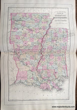 Load image into Gallery viewer, Map of Arkansas, Mississippi and Louisiana colored by county in colors of antique light pink, green, yellow, blue.