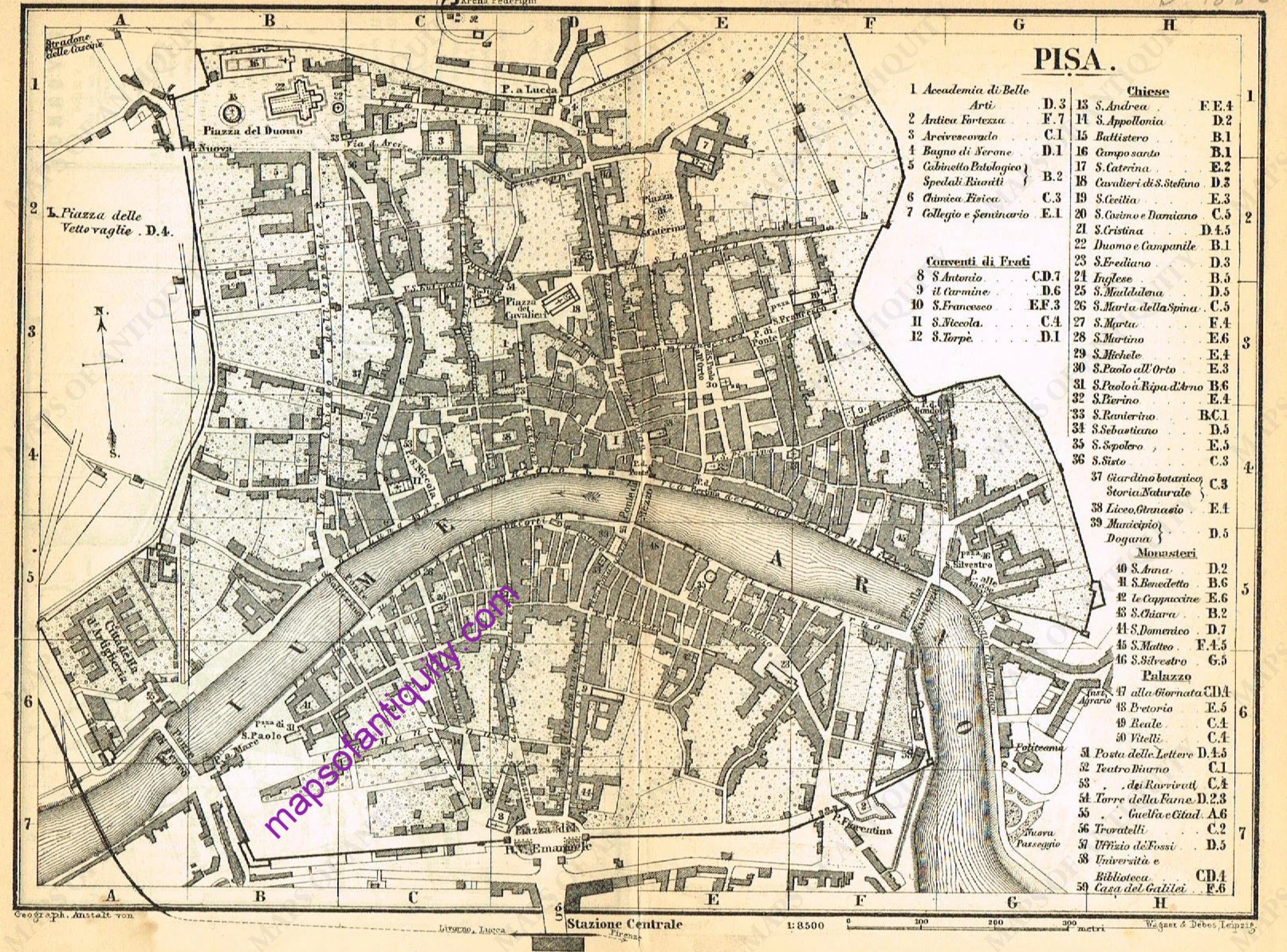 1886 - Pisa and Livorno - Antique Map, image size:3000x2221