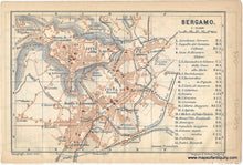 Load image into Gallery viewer, antique map of Bergamo with labeled streets and landmarks. Printed color dark red orange