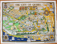 Load image into Gallery viewer, Vibrantly colored map of the city of Quebec with buildings illustrated pictorially. Bright original colors of yellow, green, blue, red. Exceptional detail. Notes relating to the city's history throughout.