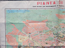Load image into Gallery viewer, Colorful 1950s map of Rome showing some buildings as illustrations. Includes streets, points of interest, the River Tiber. With folds as issued.