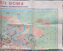 Load image into Gallery viewer, Colorful 1950s map of Rome showing some buildings as illustrations. Includes streets, points of interest, the River Tiber. With folds as issued.