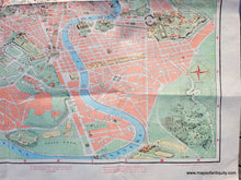 Load image into Gallery viewer, Colorful 1950s map of Rome showing some buildings as illustrations. Includes streets, points of interest, the River Tiber. With folds as issued.