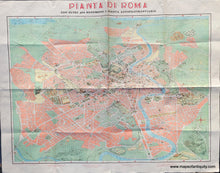 Load image into Gallery viewer, Colorful 1950s map of Rome showing some buildings as illustrations. Includes streets, points of interest, the River Tiber. With folds as issued.