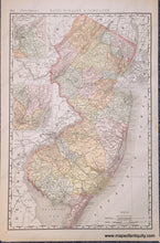 Load image into Gallery viewer, Antique map of New Jersey in vibrant antique colors of pastel yellow, orange, green, pink. Colored by county.