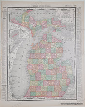 Load image into Gallery viewer, Antique map of Michigan in original printed color tones of pink, yellow orange, and green