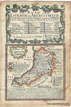 Load image into Gallery viewer, antique map from 1767 showing the road from London to Aberystwyth and a map of Cardiganshire, Wales. One side has some color in green, yellow, orange