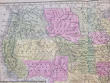 Load image into Gallery viewer, close-up of USA011 showing the territories in the western part of the country, including Oregon territory, Utah Territory, Indian Territory, Territory of New Mexico, Missouri Territory. hand-colored by state or territory in pale antique colored of green, blue, yellow, and red/pink