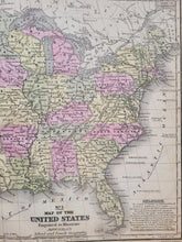 Load image into Gallery viewer, close-up of USA011 showing the eastern half of the country. hand-colored by state or territory in pale antique colored of green, blue, yellow, and red/pink