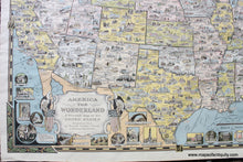 Load image into Gallery viewer, Close up of the lower left corner of Antique vintage map of the continental United States titled America the Wonderland by Ernest Dudley Chase published in 1941. This map is filled with small illustrations of notable buildings- they are in the map with a city name and they surround the map without feeling too busy. The colors are handsome and subtle. Each state is colored. There is a decorative border and large compass rose.