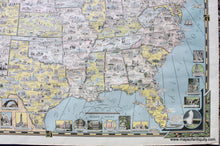 Load image into Gallery viewer, Close up of the lower right corner of Antique vintage map of the continental United States titled America the Wonderland by Ernest Dudley Chase published in 1941. This map is filled with small illustrations of notable buildings- they are in the map with a city name and they surround the map without feeling too busy. The colors are handsome and subtle. Each state is colored. There is a decorative border and large compass rose.