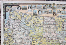 Load image into Gallery viewer, Close up of the upper left corner of Antique vintage map of the continental United States titled America the Wonderland by Ernest Dudley Chase published in 1941. This map is filled with small illustrations of notable buildings- they are in the map with a city name and they surround the map without feeling too busy. The colors are handsome and subtle. Each state is colored. There is a decorative border and large compass rose.