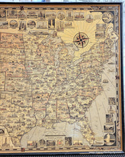 Load image into Gallery viewer, Antique vintage map of the continental United States titled America the Wonderland by Ernest Dudley Chase published in 1941. This map is filled with small illustrations of notable buildings- they are in the map with a city name and they surround the map without feeling too busy. The colors are handsome and subtle. Each state is colored. There is a decorative border and large compass rose.