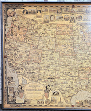 Load image into Gallery viewer, Antique vintage map of the continental United States titled America the Wonderland by Ernest Dudley Chase published in 1941. This map is filled with small illustrations of notable buildings- they are in the map with a city name and they surround the map without feeling too busy. The colors are handsome and subtle. Each state is colored. There is a decorative border and large compass rose.