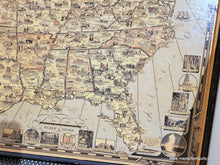 Load image into Gallery viewer, Antique vintage map of the continental United States titled America the Wonderland by Ernest Dudley Chase published in 1941. This map is filled with small illustrations of notable buildings- they are in the map with a city name and they surround the map without feeling too busy. The colors are handsome and subtle. Each state is colored. There is a decorative border and large compass rose.