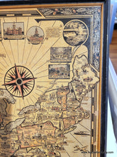 Load image into Gallery viewer, Antique vintage map of the continental United States titled America the Wonderland by Ernest Dudley Chase published in 1941. This map is filled with small illustrations of notable buildings- they are in the map with a city name and they surround the map without feeling too busy. The colors are handsome and subtle. Each state is colored. There is a decorative border and large compass rose.