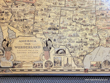 Load image into Gallery viewer, Antique vintage map of the continental United States titled America the Wonderland by Ernest Dudley Chase published in 1941. This map is filled with small illustrations of notable buildings- they are in the map with a city name and they surround the map without feeling too busy. The colors are handsome and subtle. Each state is colored. There is a decorative border and large compass rose.