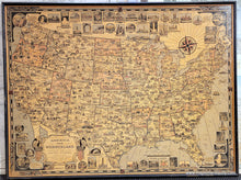 Load image into Gallery viewer, Antique vintage map of the continental United States titled America the Wonderland by Ernest Dudley Chase published in 1941. This map is filled with small illustrations of notable buildings- they are in the map with a city name and they surround the map without feeling too busy. The colors are handsome and subtle. Each state is colored. There is a decorative border and large compass rose.