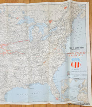 Load image into Gallery viewer, Original printed color light tan for land and blue for water with red lines for railroad and red shading for national parks. Genuine-Map-Map-of-the-United-States-Geographically-Correct-Issued-by-Union-Pacific-Railroad-1958-Union-Pacific-Railroad-Maps-Of-Antiquit