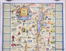 Load image into Gallery viewer, Original old map in a vibrant pictorial style with bright colors of blue, orange, green, red, yellow. Genuine-Vintage-Map-A-Romance-Map-of-the-Northern-Gateway-1934-Hall-Nisita-The-Holling-Press-Maps-Of-Antiquity