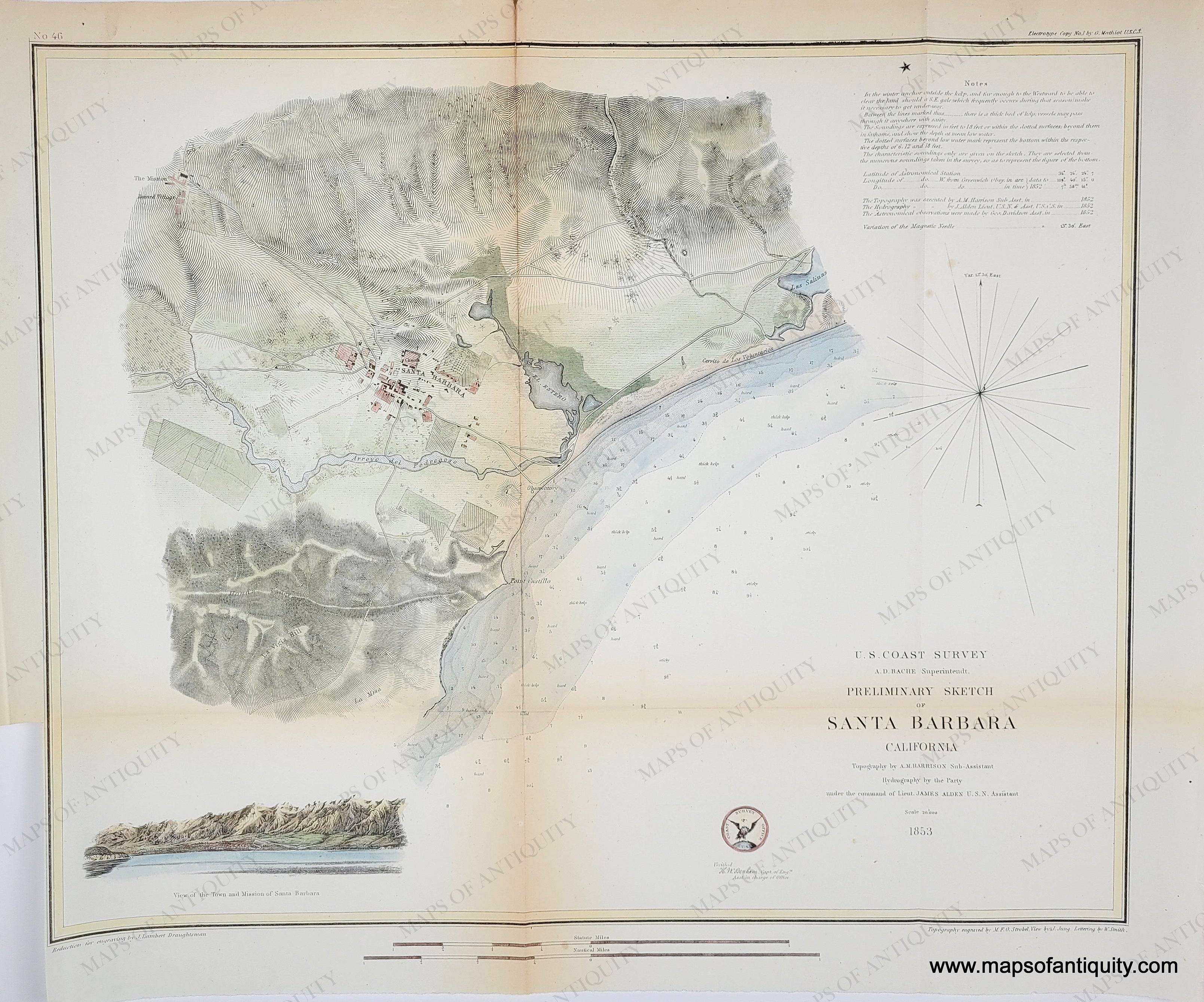 1853 Santa Barbara, California Antique Chart Maps of Antiquity