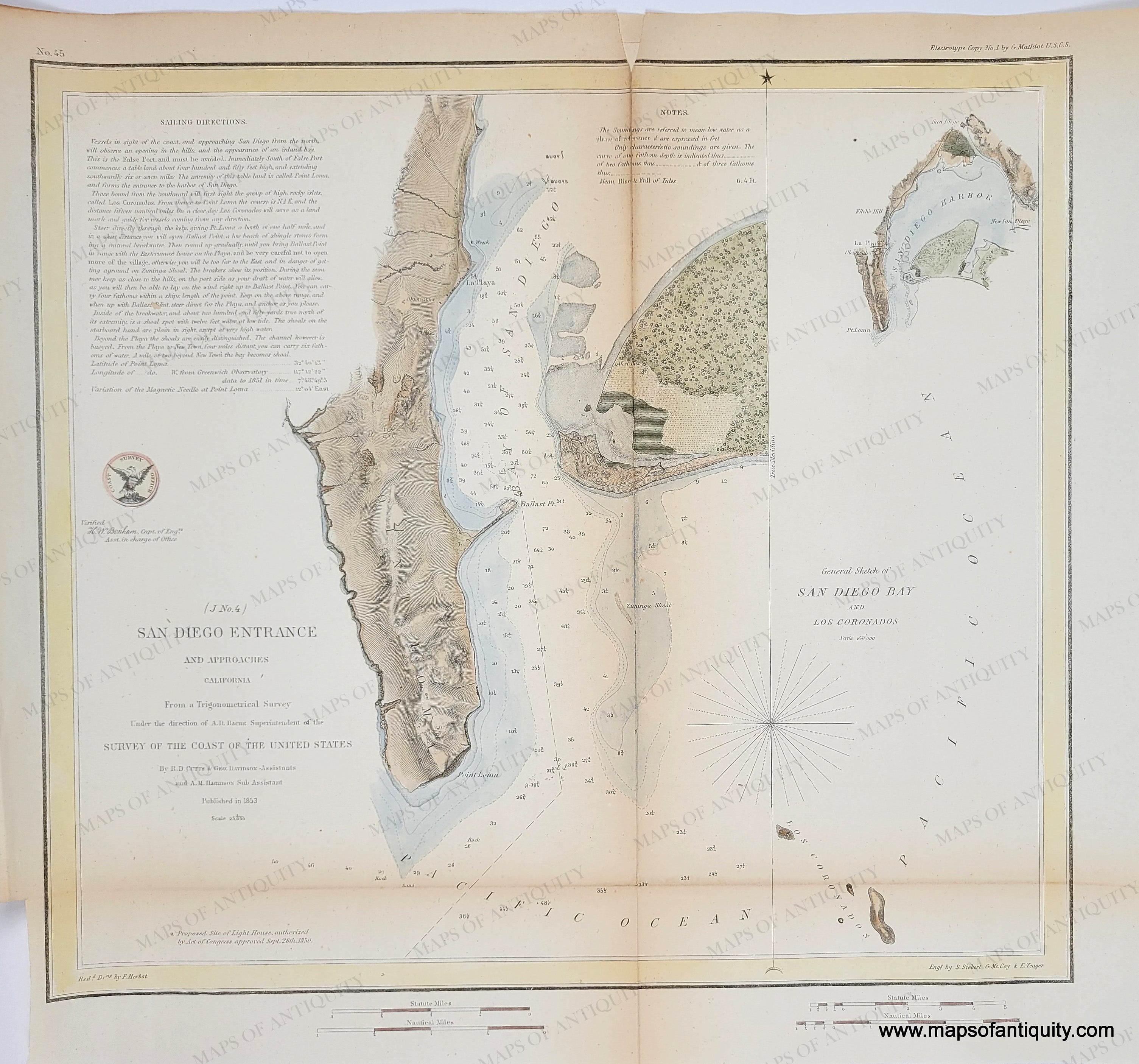 1853 San Diego Entrance and Approaches, California Antique Chart