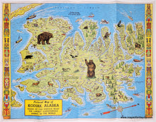 Load image into Gallery viewer, Illustrated map of Kodiak, Alaska with various animals and landmarks. WES351-Antique-Printed-Color-Pictorial-Map-of-Kodiak-Alaska-AK-1948-Lowell-E-Jones-Alaska-1900s-20th-century-Maps-of-Antiquity