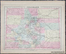 Load image into Gallery viewer, Antique Map of Colorado with colors of pink, blue, green, yellow. Antique-Hand-Colored-Map-Double-sided-map:-Colorado;-verso:-Indian-Territory-United-States-West-1885-Mitchell-Maps-Of-Antiquity-1800s-19th-century