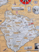 Load image into Gallery viewer, Map of Hawaii with printed color in a peachy-tan for the water and town names, and bright red details and border. Many small illustrations throughout and lost of informative text. Close-up of big island. Genuine-Antique-Pictorial-Map-A-Pictorial-Map-of-the-Hawaiian-Islands,-The-United-States'-Fiftieth-State-1960-Ernest-Dudley-Chase-Maps-Of-Antiquity