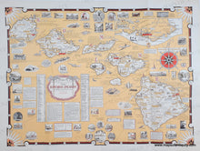 Load image into Gallery viewer, Map of Hawaii with printed color in a peachy-tan for the water and town names, and bright red details and border. Many small illustrations throughout and lost of informative text. Genuine-Antique-Pictorial-Map-A-Pictorial-Map-of-the-Hawaiian-Islands,-The-United-States'-Fiftieth-State-1960-Ernest-Dudley-Chase-Maps-Of-Antiquity