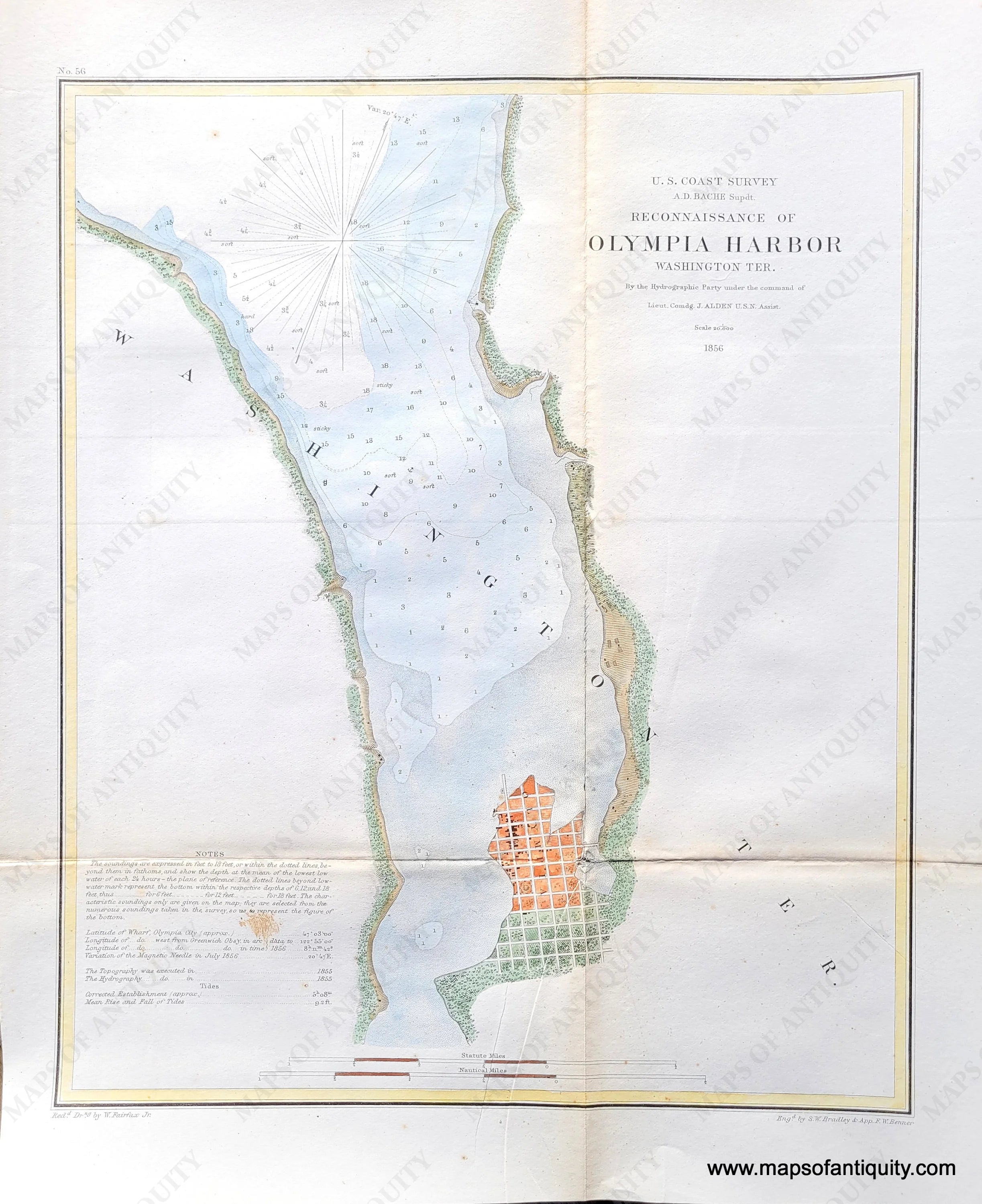 1856 Genuine Antique Report Chart Reconnoissance of Olympia Harbor