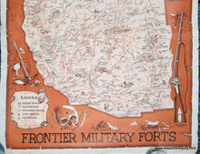 Load image into Gallery viewer, Pictorial map in the style of an old west poster bulletin. Orange-brown color along with black and white. Large map at the center shows the entire western half of the United States with lots of information and some illustrations. The Legend shows Ghost Towns, Old Mines, Military Posts, Lost Mines, and Missions. Dramatic illustrations surround the map including a rifle and a skull with a hole in the forehead.