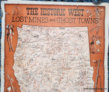 Load image into Gallery viewer, Pictorial map in the style of an old west poster bulletin. Orange-brown color along with black and white. Large map at the center shows the entire western half of the United States with lots of information and some illustrations. The Legend shows Ghost Towns, Old Mines, Military Posts, Lost Mines, and Missions. Dramatic illustrations surround the map including a rifle and a skull with a hole in the forehead.