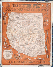 Load image into Gallery viewer, Pictorial map in the style of an old west poster bulletin. Orange-brown color along with black and white. Large map at the center shows the entire western half of the United States with lots of information and some illustrations. The Legend shows Ghost Towns, Old Mines, Military Posts, Lost Mines, and Missions. Dramatic illustrations surround the map including a rifle and a skull with a hole in the forehead.