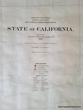 Load image into Gallery viewer, Antique map with original printed-color in blue for the water, green for boundaries- counties and state- red for reservations, national parks, Surveyor and land offices, brown for topography. In two separate sheets- one is the north half and one is the south half. Title close up