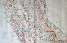 Load image into Gallery viewer, Antique map with original printed-color in blue for the water, green for boundaries- counties and state- red for reservations, national parks, Surveyor and land offices, brown for topography. In two separate sheets- one is the north half and one is the south half. close up