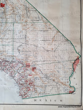 Load image into Gallery viewer, Antique map with original printed-color in blue for the water, green for boundaries- counties and state- red for reservations, national parks, Surveyor and land offices, brown for topography. In two separate sheets- one is the north half and one is the south half. close up