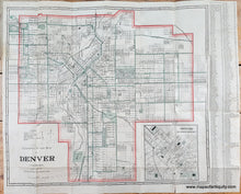 Load image into Gallery viewer, Antique map of the city of Denver, colorado, mostly black and white with red around the border of the city and green in the parks and cemeteries and also indicating principal boulevards. Genuine-Antique-Folding-Map-Clasons-Guide-Map-of-Denver-United-States-West-c-1910-Clason-Map-Co-Maps-Of-Antiquity-1800s-19th-century