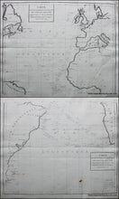 Load image into Gallery viewer, Antique French map of the Atlantic Ocean, in two sheets. The map features fine black ink lines and labels on aged, off-white paper with visible creases and a small brown spot near the bottom right.