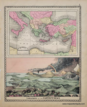 Load image into Gallery viewer, Antique double-sided sheet from Tunison's Peerless Universal Atlas of the World, 1887 by H.C. Tunison. On one side is a map of the Western Hemisphere with flags and comparative rivers and mountains, on the other side is a map of the Mediterranean with St Paul's route, and a fictional view created to show the variations of the earth's surface including a city, volcano, and rainbow. Vibrant original color.