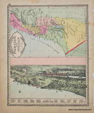 Load image into Gallery viewer, Antique double-sided sheet from Tunison's Peerless Universal Atlas of the World, 1887 by H.C. Tunison. On one side is a map of the Eastern Hemisphere with flags and comparative rivers and mountains, on the other side is a map of Palestine and a view of the Holy Land with numbered key. Vibrant original color.