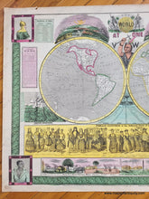 Load image into Gallery viewer, Vibrantly colored antique map of the world with numerous illustrations and diagrams around it. This map, in colors of green, yellow, pink, and blue, was published and hand-colored in 1847 by Ensign, Thayer, and Phelps.