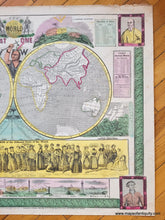 Load image into Gallery viewer, Vibrantly colored antique map of the world with numerous illustrations and diagrams around it. This map, in colors of green, yellow, pink, and blue, was published and hand-colored in 1847 by Ensign, Thayer, and Phelps.