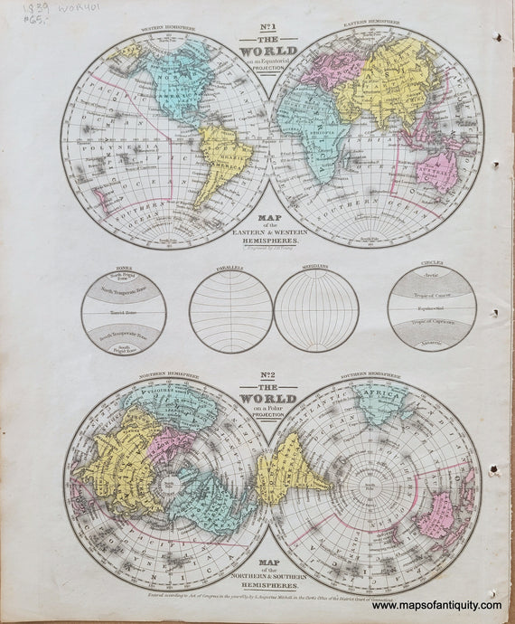 Antique map of the world in hemispheres. East and West hemispheres and North and SOuth hemispheres in 1839. Vibrant original hand-coloring in antique shades of blue, green, yellow, and pink