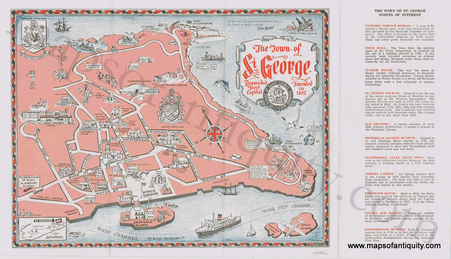 Antique-Map-The-Town-of-St.-George-Saint-Bermuda-Island-Islands-Bank-of-Ken-Ciles-1955-1950s-1900s-Mid-20th-Century-Maps-of-Antiquity
